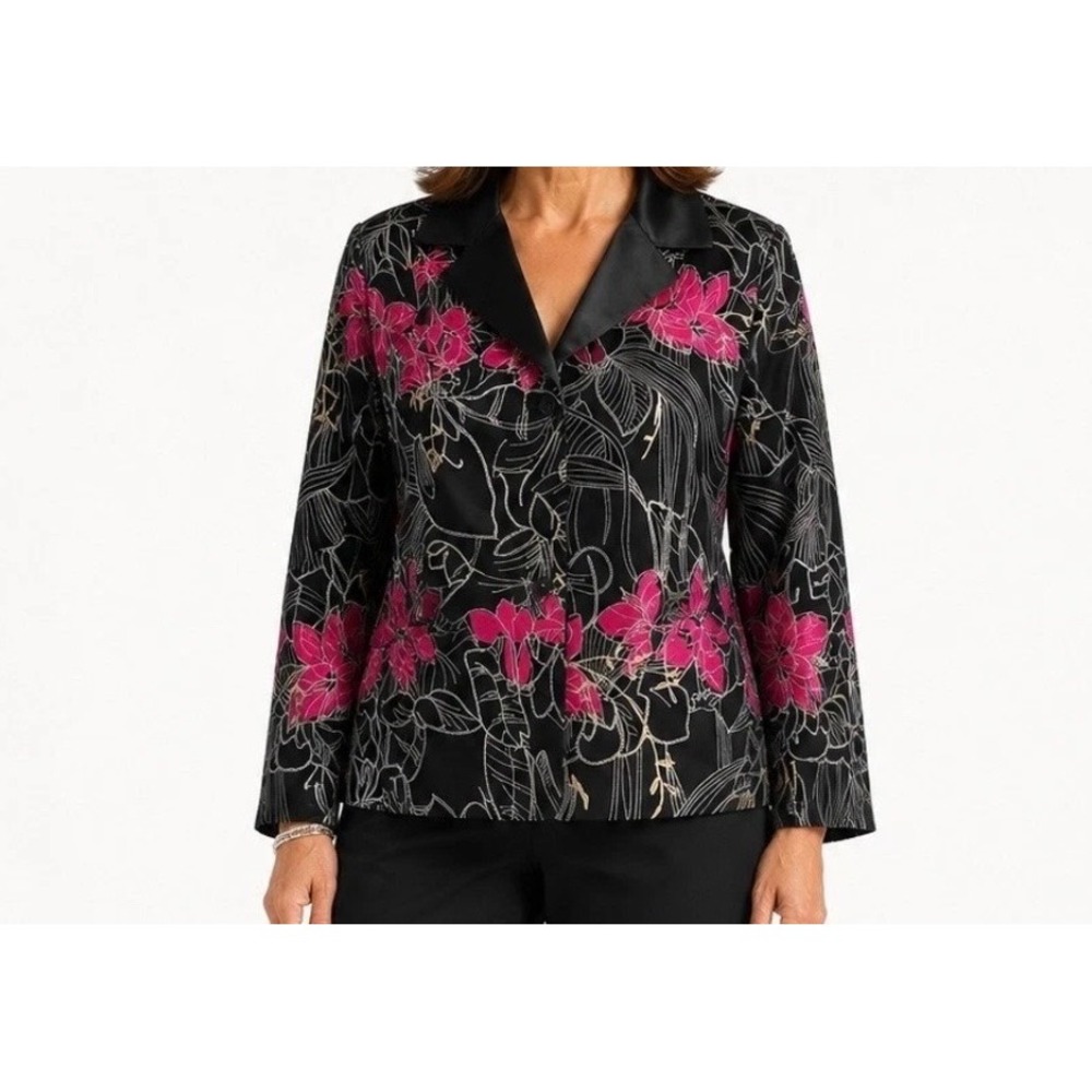Chicos Silk Blend Floral Embroidered Blazer Jacket Black Pink Size 1 Medium